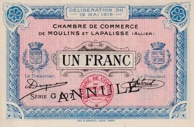 France 1 Franc - Chambre de Commerce de Moulins et Lapalisse - 1916 - Annul� - S�rie G