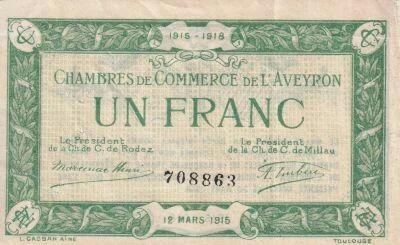 France 1 Franc - Chambres de Commerce de l\'Aveyron - 12-03-1915
