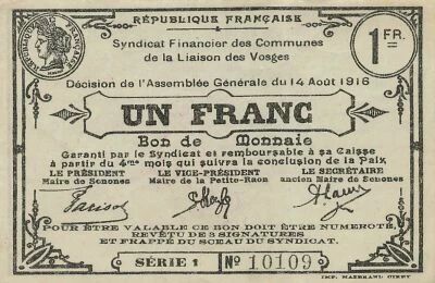 France 1 Franc - Cities of Vosges - 14-08-1916 - Serial 1