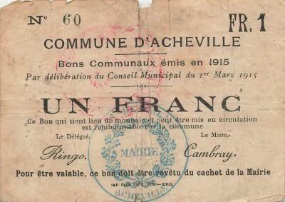 France 1 Franc - City of Acheville - 01-03-1915