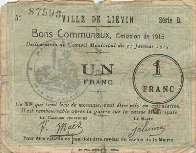 France 1 Franc - City of Li�vin - 31-01-1915 - Serial D