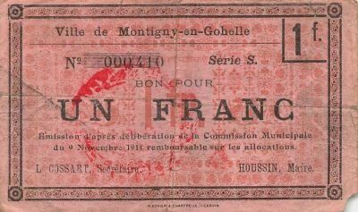 France 1 Franc - City of Montigny-en-Gohelle - 09-11-1914