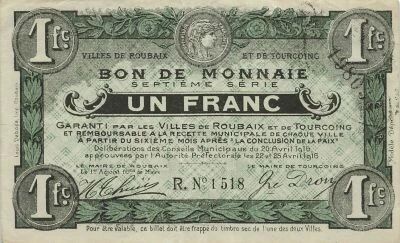 France 1 Franc - City of Roubaix and Tourcoing - 20-04-1916