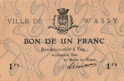 France 1 Franc - City of Wassy - September 1916