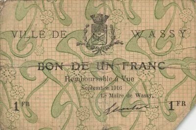 France 1 Franc - City of Wassy - September 1916