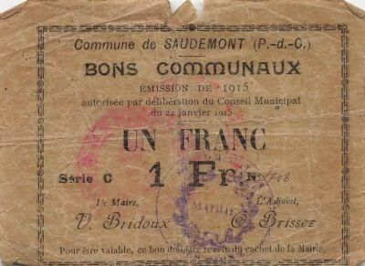 France 1 Franc - Commune de Saudemont - 22-01-1915