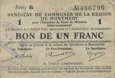 France 1 Franc - Communes de la R�gion de Montmedy - 07-07-1916