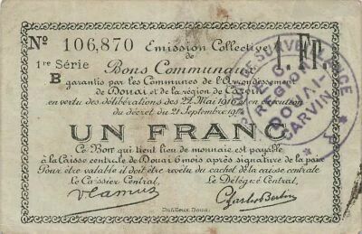 France 1 Franc - Douai Arrondissement et Carvin Region- 21-09-1914
