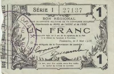 France 1 Franc - Fourmies - Regional Coupon - 08-05-1916 - Serial 1