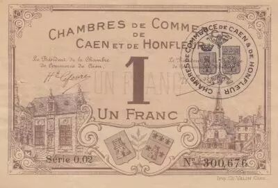 France 1 Franc - Honfleur and Caen Chamber of Commerce - 1915 - Serial 0.02