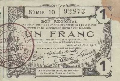 France 1 Franc - Laon - Regional Coupon - 16-06-1916 - Serial 10