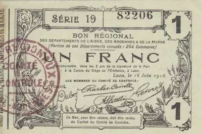 France 1 Franc - Laon - Regional Coupon - 16-06-1916 - Serial 19