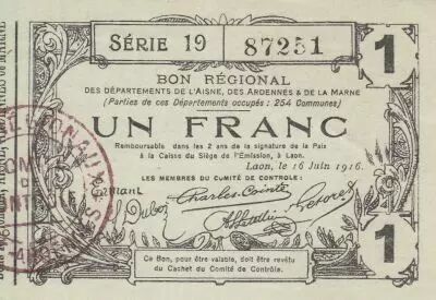 France 1 Franc - Laon - Regional Coupon - 16-06-1916 - Serial 19