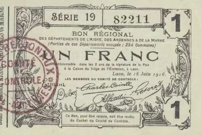 France 1 Franc - Laon - Regional Coupon - 16-06-1916 - Serial 19