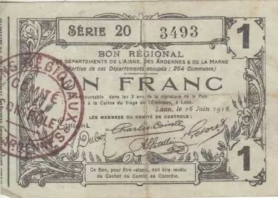 France 1 Franc - Laon - Regional Coupon - 16-06-1916 - Serial 20