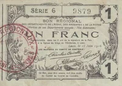 France 1 Franc - Laon - Regional Coupon - 16-06-1916 - Serial 6