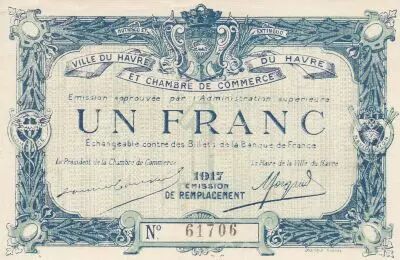 France 1 Franc - Le Havre Chamber of Commerce- 1917 - Replacement emission