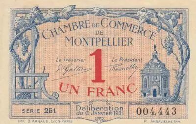 France 1 Franc - Montpellier - Chamber of Commerce - 06-01-1921 - Serial 251