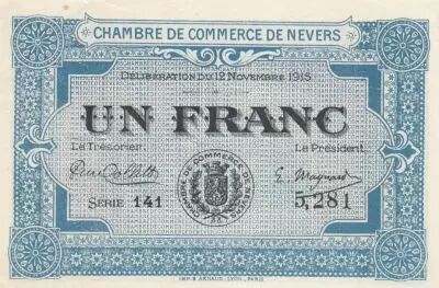 France 1 Franc - Nevers - Chamber of Commerce - 12-11-1915 - Serial 141