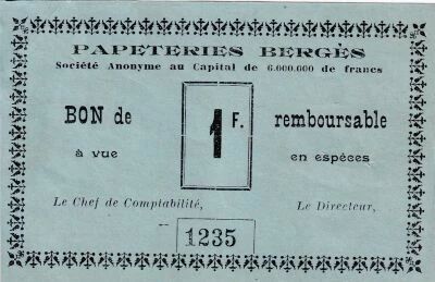 France 1 Franc - Papeteries Berg�s - Lancey - N�1235 - 1915