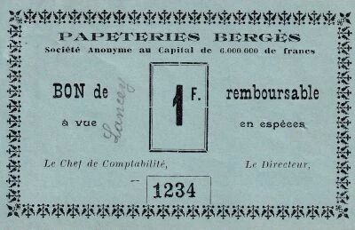 France 1 Franc - Papeteries de Lancey cr�er par Berg�s - N�1234 - 1915