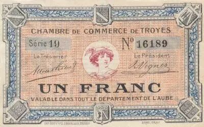 France 1 Franc - Troyes Chamber of Commerce - 1918 - Serial 19