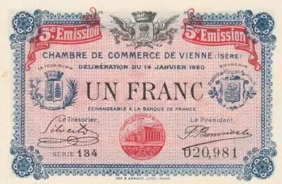 France 1 Franc - Vienne Chamber of Commerce - 14-01-1920 - Serial 134