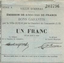 France 1 Franc - Ville d\'Arras - 29-08-1914 - S&eacute;rie A