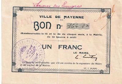 France 1 Franc - Ville de Mayenne - Service des �migr�s - 1915-1920 - N�164