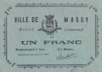 France 1 Franc - Ville de Wassy - Juillet 1917