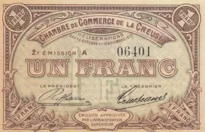 France 1 Franc -Chamber of Commerce - Creuse - 10-26-1915 - 2nd Issues - Serial A
