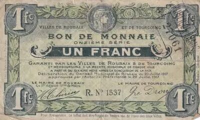 France 1 Franc -Ville -  Roubaix-Tourcoing - 20-07-1917 - 11�me s�rie