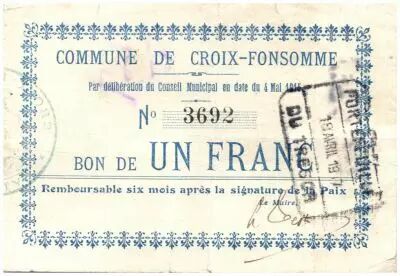 France 1 Franc Croix-Fonsomme City - 1915