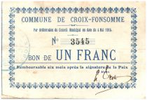 France 1 Franc Croix-Fonsomme Commune - 1915