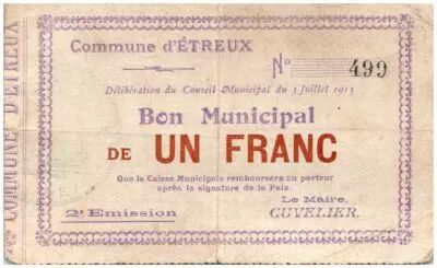 France 1 Franc Etreux City - 1915