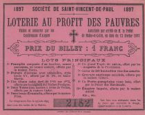 France 1 Franc Loterie au Profit des Pauvres St Vincent de Paul- 1897 - SUP