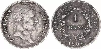 France 1 Franc Napoleon I - 1808 A Paris Silver