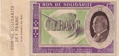 France 1 Franc P�tain Solidarity Voucher - Bowl of Soup 1941 - AB Series
