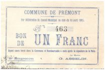 France 1 Franc Premont Commune - 1915
