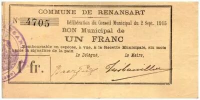 France 1 Franc Renansart City - 1915