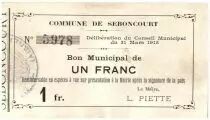 France 1 Franc Seboncourt Commune - 1915