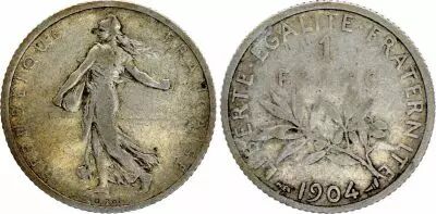 France 1 Franc Semeuse - 1904 - Silver - F to VF - KM.844.1