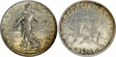 France 1 Franc Semeuse - 1911 - Silver - VF - KM.844