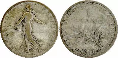 France 1 Franc Semeuse - 1912 - Silver - F to VF - KM.844