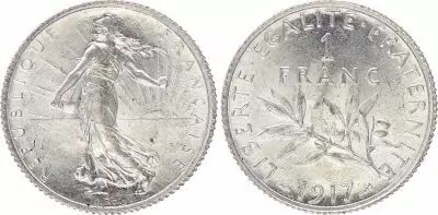 France 1 Franc Semeuse - 1917 - Silver