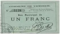 France 1 Franc Vendeuil City - 1915