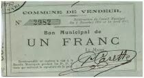 France 1 Franc Vendeuil City - 1915