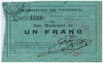 France 1 Franc Vendeuil Commune - 1914