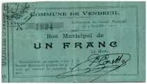 France 1 Franc Vendeuil Commune - 1914
