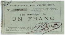 France 1 Franc Vendeuil Commune - 1915